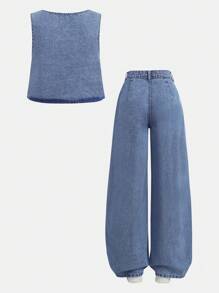 SHEIN Teen Girl Blue Denim Sleeveless Cardigan Short Vest Low-Waist Loose Trousers 2-Piece Set, Kid Girls Spring And Summer Casual Vacation Country Boho Wear, Beach Outfits, Western Street Wear For Girl, Spring Break Outfits, Rave Outfits Festival Denim Middle Set, Graduation Outfits - Light Wash - View 3