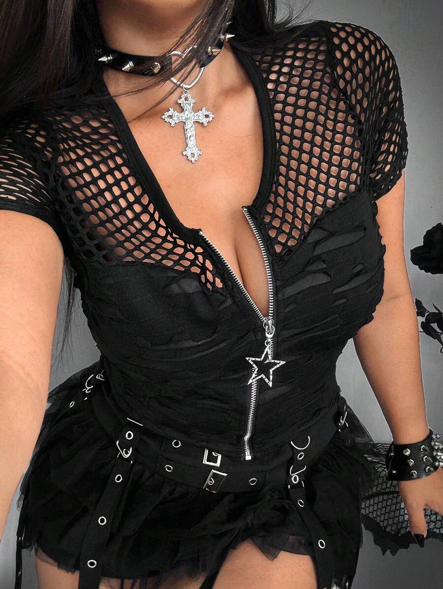 SHEIN Whyspr Plus Size Gothic Rave Vacation Net Mesh Splice Zipper T-Shirt - Black - View 1