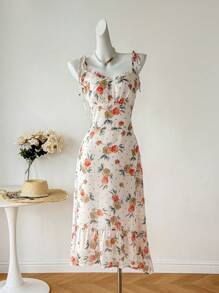 INAWLY Asymmetrisches Saum Spaghettiträger Blumendruck-Kleid