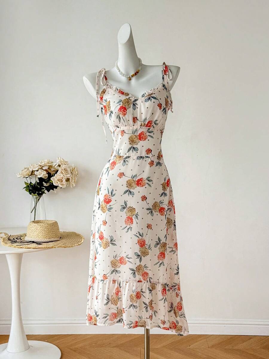 INAWLY Asymmetrisches Saum Spaghettiträger Blumendruck-Kleid