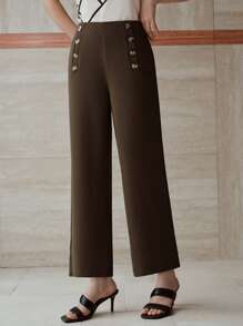MOTF PREMIUM PANTALONES CON BOLSILLOS EN ÁNGULO Y DETALLES DE BOTÓN - Marrón Mocha - Ver 5