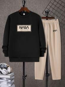 SHEIN 两件套休闲日常青少年男童字母印花圆领宽松卫衣和宽松运动裤针织两件套，秋冬款 - 彩色 - 查看 2