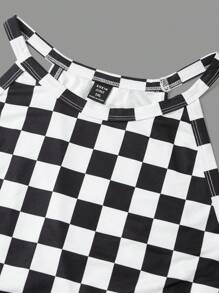 SHEIN EZwear Plus Size Women Slim-Fit Checkerboard Print Dress For Summer - Black and White - View 3