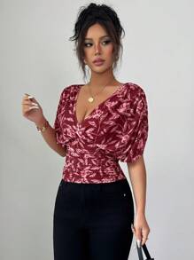 Selianne Women's Summer Floral Print Batwing Short Sleeve Pleated Fashionable Blouse - Burgundy - View 5