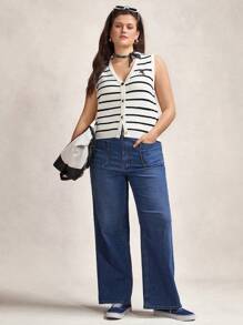 SHEIN LUNE Plus Size Women Casual Black And White Striped Knit Vest,Knight Print Single-Breasted Summer 2000's School Back-To-School Vacation Business Tops - Black and White - View 3