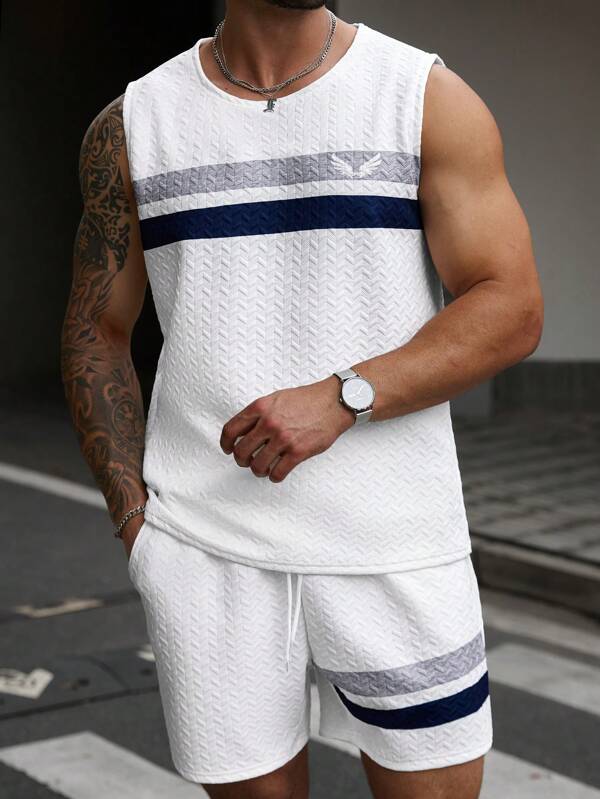 Manfinity Homme Große Größen Herren Set aus gestreiftem Rundhals Tanktop und Shorts, lässiges Sommeroutfit