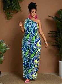 Maweii 大码女式大理石印花露肩阔腿连体裤，休闲度假装 - 彩色 - 查看 6