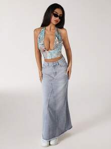 SHEIN EZwear 女式休闲日常洗水开口袋牛仔裙 - 藍色 - 查看 2