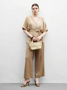 CUCCOO BIZCHIC 棕色 PU 皮革混合金扣装饰 3.5 英寸高跟圆头复古穆勒凉鞋