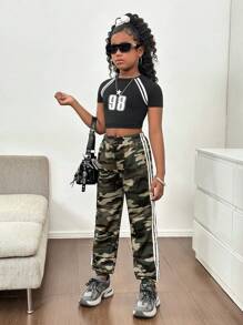 Tween Girls Casual Fashionable Street Camo Print Side Tape Trim Elasticated Sweatpants Fall Winter
