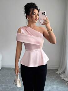 Rafferiza 女士优雅宴会露肩拼接腰衬衫，春夏 - 粉色 - 查看 3