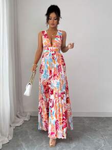 SHEIN PETITE 女士度假无袖印花深V领露肩褶饰性感节日连衣裙（随机印花）