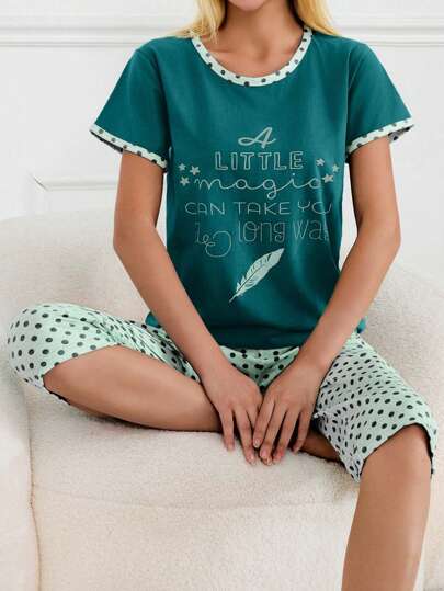 RueChic 100% bawełna 2-częściowa bawełniana koszula z kontrastowym kolorem, nadruk z hasłem i nadruk w kropki, spodnie do spania Capri Homewear PJ Set