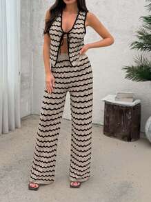EURMUSE Set da donna composto da coprispalle a righe ondulate da spiaggia e pantaloni a zampa larga, 2 pezzi, stile vacanziero - Beige - Visualizzare 6