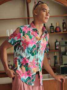 SWAVVY Camisa azul de manga corta con estampado floral tejido casual para hombre, adecuada para vacaciones