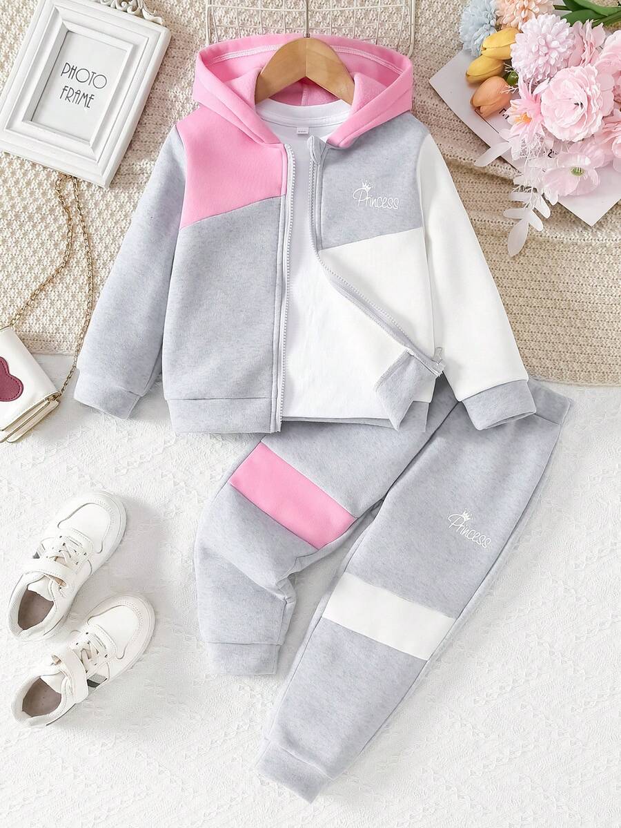 2pcs Young Girl Contrast Patchwork Hooded Zip Up Sweatshirt And Drawstring Jogger Pants Set, Outdoor Casual For Autumn/Winter Fall - Multicolor - View 1
