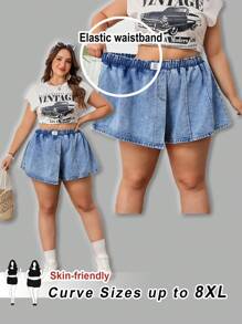 SHEIN CURVE+ Plus Size Denim Culottes Comfortable Elastic Waist Summer Casual Short Skirt Mini Shorts Daily Casual Wear