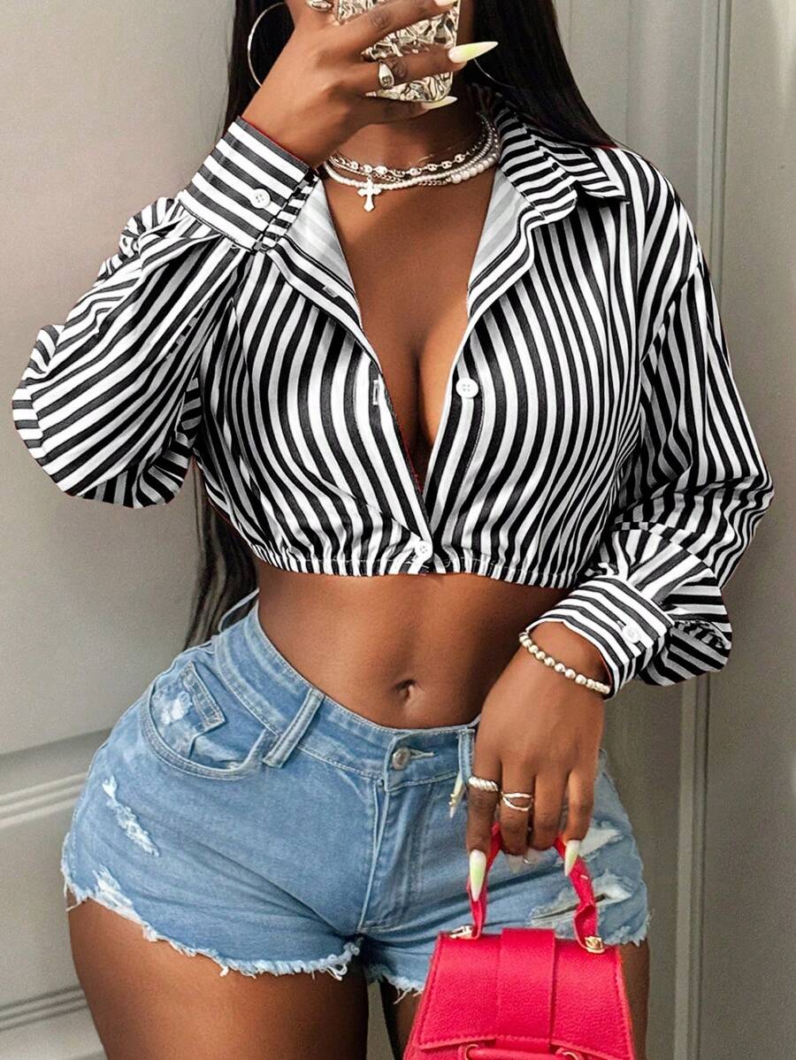 BamGleam Women's Long Sleeve Single-Breasted Striped Cropped Sexy Shirt Fall Cloth For Women - Black and White - View 1
