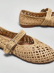 SHUZIA 女士钩针编织拉菲草玛丽珍芭蕾平底鞋 - 米色 - 查看 4