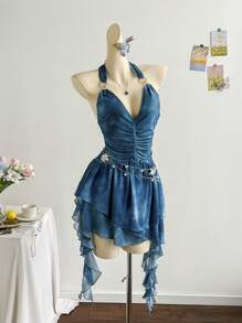 Soleia 女士浪漫度假露背针织网眼蓝色印花连衣裙 - 藍色 - 查看 3