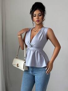 Elenzga Women's Summer Plain V-Neck Sleeveless Twist Front Blouse