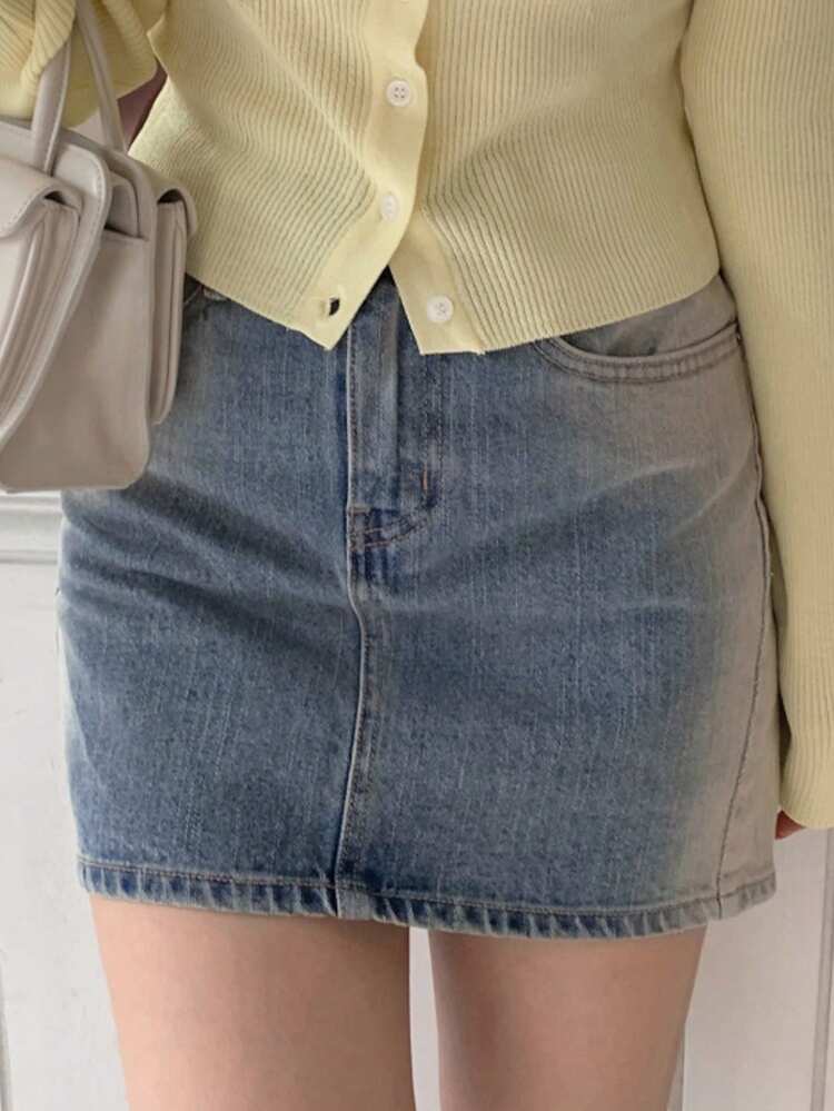 Light-Colored Washed Gradient Elastic Slim-Fit Denim Mini Skirt, Summer Jeans Skirt