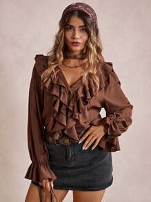 Freevana Bluzka z falbaniastym wykończeniem w dużym rozmiarze, prosta, modna, na co dzień