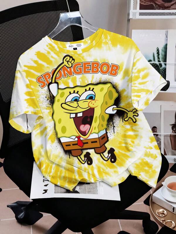 SpongeBob SquarePants X SHEIN Loose Fit Round Neck Short Sleeve Yellow T-Shirt For Summer, Casual Cartoon Graphic Street Style English Letter Yellow Cartoon & Tie Dye Pattern Women Top