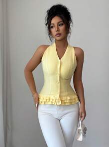 Elenzga Blusa de mujer elegante con cuello en V con volantes y sin mangas, para usar en vacaciones románticas, resorts de playa o fiestas de té por la tarde