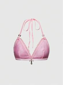 ROMWE J-Fashion Y2K 女士水钻装饰缎面蕾丝拼接无钢圈系带文胸