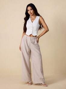 SHEIN PETITE 秋冬女式纯色单排扣无袖休闲西装外套 - 白色 - 查看 3