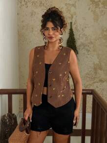 Travachic Plus Size Women Boho Embroidered Corduroy Vest,Elegant Summer Ditsy Floral V-Neck Brown Waistcoat,Bohemian Casual Autumn Layering Top - Coffee Brown - View 3