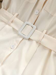 SHEIN PETITE Váy sơ mi cổ polo tay ngắn thắt eo tối giản - Màu be - Xem 3