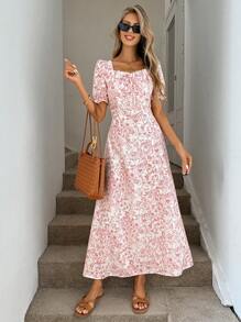 Easowa Ruffle Trim Square Collar Lantern Sleeve Gathered Back Waist A-Line Spring/Summer Short Sleeve Dress, Vintage Romantic Ditsy Floral Fabric, Casual Resort Elegant Maxi Dress For Women Floral Midi Dress Red Floral Dress Summer Dress Casual Dress Cottagecore Dress