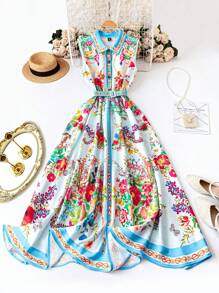 SHEIN Unity 大码女式翻领无袖花卉印花束腰优雅波西米亚风格假日长裙，春夏