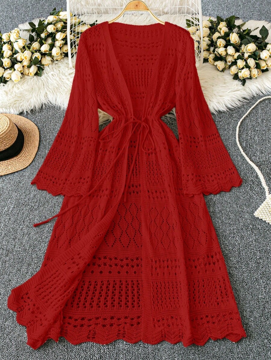 DreamSkyne 大码女式纯色海滩度假浪漫钩针编织网眼抽绳蝴蝶结开衫西部风 - 紅色 - 查看 1