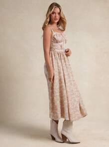 花卉印花雪纺和孔眼缎带方领锁孔镂空蝴蝶结前部修身喇叭形分层长裙夏季波西米亚牛仔女郎海滩度假纳什维尔乡村西部音乐会服装 - 棕色 - 查看 3