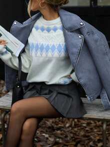 Aveloria GENKIRA 复古水洗 PU 皮革翻领宽松摩托车夹克 - 藍色 - 查看 2