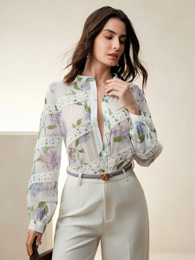Women's Digital Print Patchwork Water-Soluble Lace Trim Casual Blouse, Versatile