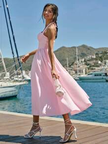 Enchnt Váy midi hở lưng màu hồng lãng mạn dành cho nữ mùa xuân/hè, cài nút trước ngực, hở lưng, dây đeo cổ, thích hợp cho kỳ nghỉ, ngọt ngào và thanh lịch cho kỳ nghỉ, hẹn hò, ngày lễ, tiệc tùng, lễ tốt nghiệp và khách dự tiệc cưới, bãi biển và váy chống nắng, váy dạ hội, váy mùa hè cho nữ, quần áo mùa hè, váy thanh lịch cho tiệc tùng - Hồng - Xem 5
