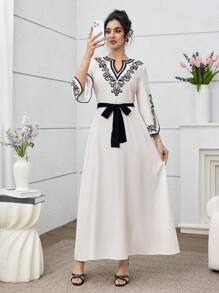 Yasmyna Women Floral Print V-Neck Split Sleeve Arabic Style Dress