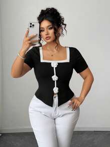 Elenzga 加大码法式花卉装饰针织圆领修身T恤 - 黑與白 - 查看 5