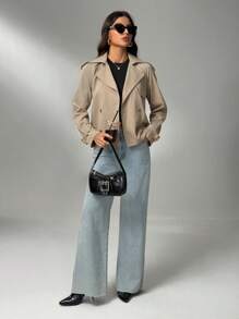 SHEIN Tall 女式短款纽扣翻领雨衣英伦风时尚卡其色常规下摆长袖风衣，适合秋冬季日常舒适穿着 - 卡其色 - 查看 3