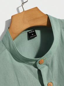 Manfinity BRENVOR Men Cotton Mock Neck Patch Detail Plain Casual Short Sleeve Shirt, For Husband, Couple Things - Mint Green - View 3