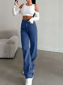 SHEIN Tall Snow Wash Straight Leg Jeans High Rise For Tall - Royal Blue - View 5