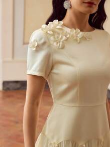 ZEYLAH Solid Color Contrast Mesh Floral 3D Elegant Dress - Beige - View 1