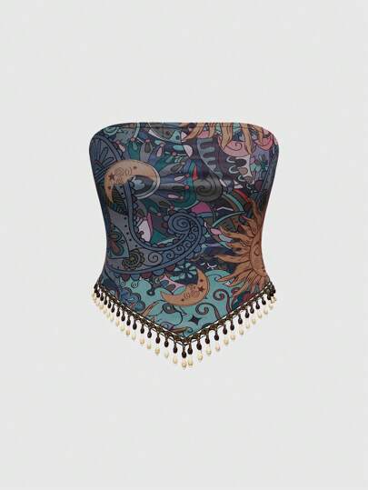 Hippie Hippie Retro Western Paisley Print Bohemian Tube Top For Women, Fringed Hem, Suitable For Summer Music Festival