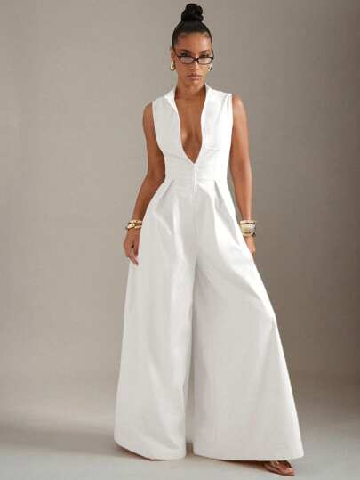 Hauture Extreme Wide Leg Zip Front Sleeveless Jumpsuit