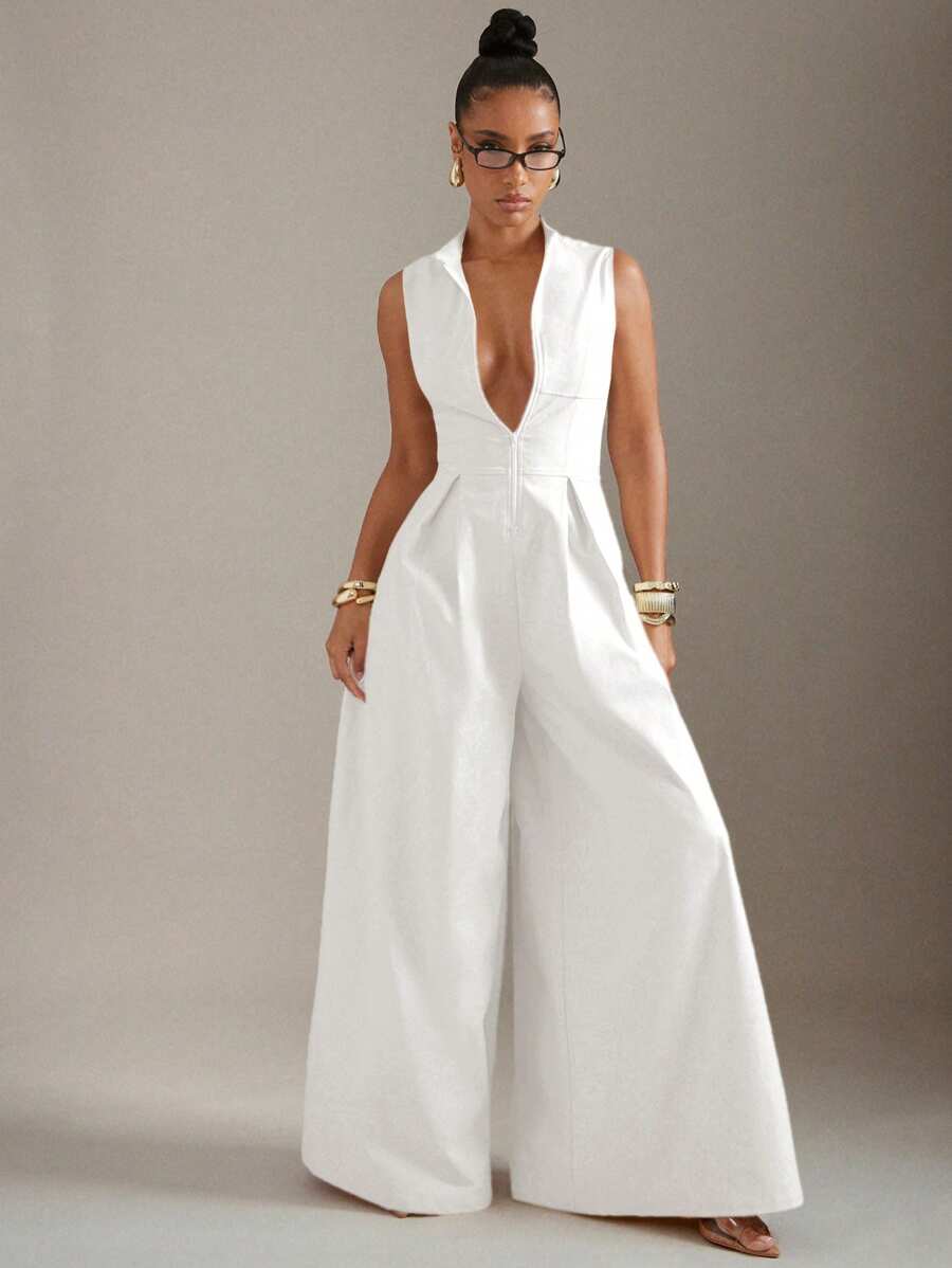 Hauture 超宽腿拉链前无袖连体裤 - 白色 - 查看 1