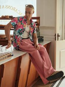 SWAVVY Camisa azul de manga corta con estampado floral tejido casual para hombre, adecuada para vacaciones